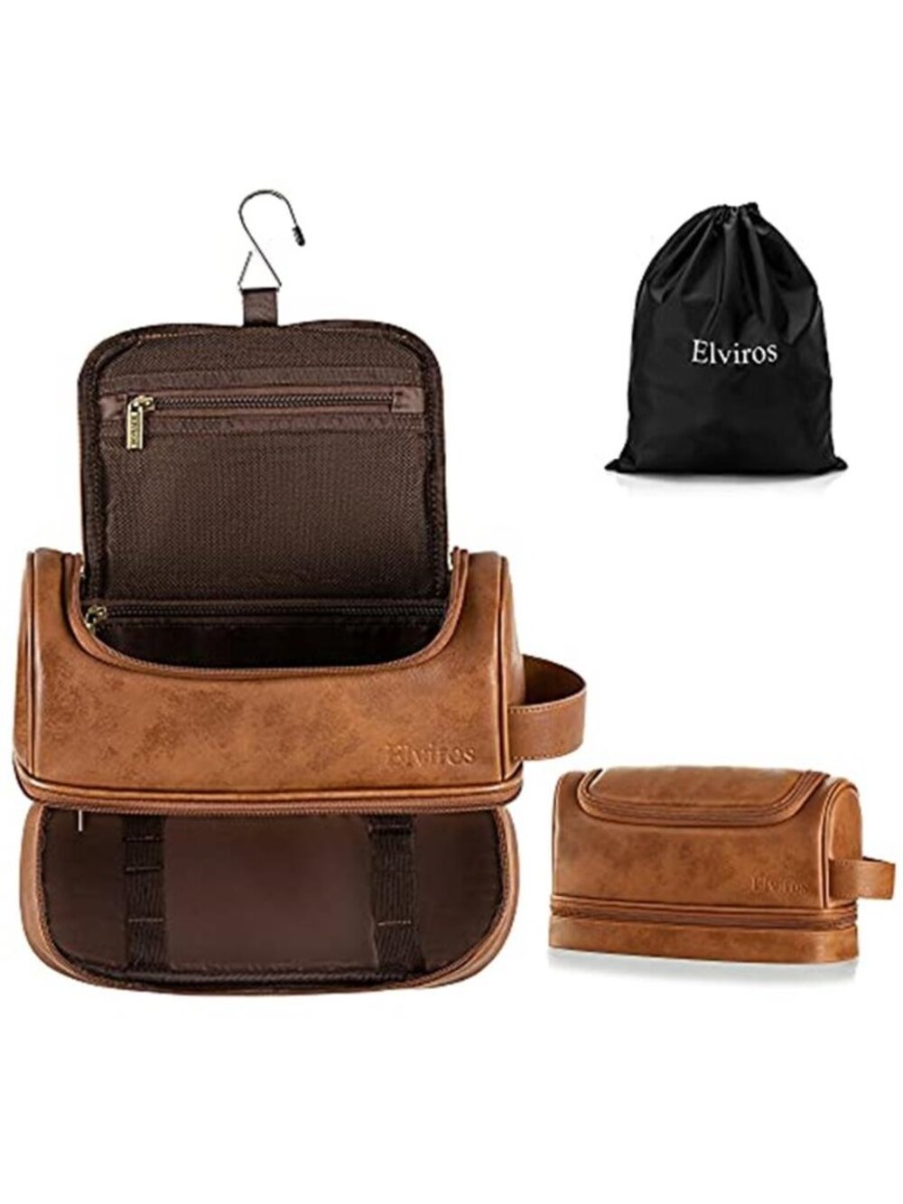 Mens PU Leather Hanging Toiletry Bag Large Travel Organizer Dopp Kit Brown